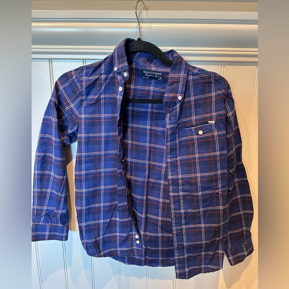 NUKUTAVAKE Boys SIZE 10 Blue White & Red Plaid Button Down Shirt